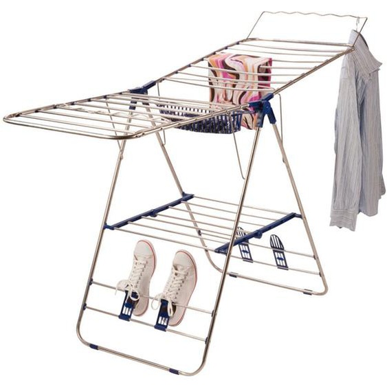 Tendoir à Linge Inox Pliable – Utilisation Intérieur/Extérieur avec Porte-Cintres et Sèches-Chaussures Intégrés