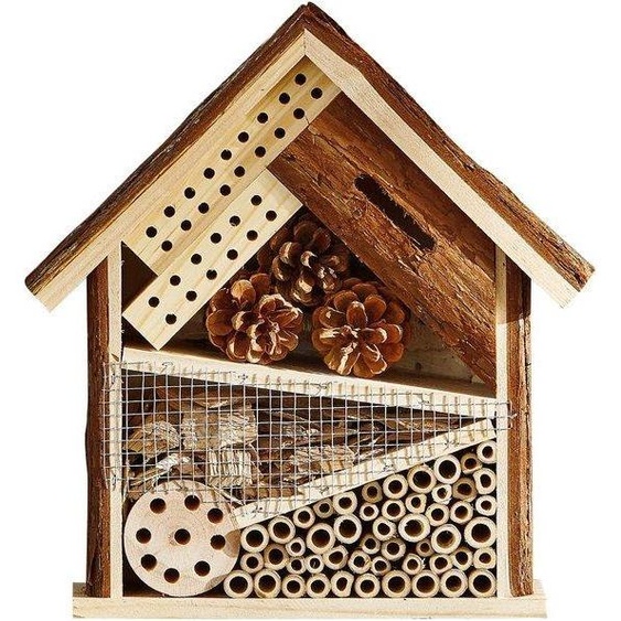 Unyqoos® Dehner Natura : hôtel à insectes Norwich – en bois de pin résistant aux intempéries, de couleur marron, dimensions approximatives : 30 x 28 x 9,5 cm, avec différentes chambres et un système de fixation pratique