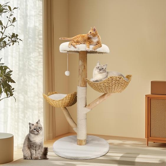 FATIVO Arbre à chat moderne Arbre à chat en bois-111cm Arbre à chat de luxe avec 2 paniers en osier Tronc en sisal Plate-forme de siège Bal en peluche pour plus de chats