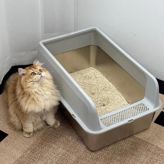 FATIVO Bac à Litière pour Chat XXL en Acier Inoxydable Ouvert : Toilette Non Adhérente avec Pelle, Grande Litière Ouverte pour Chats 33 × 52 × 29 cm