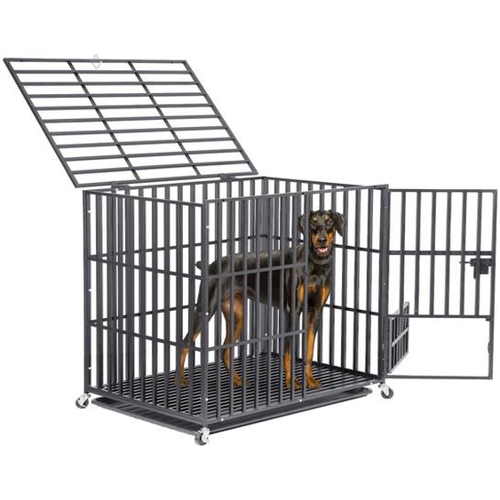 FATIVO Cage pour Grands Chiens L : Cage de transport renforcée avec 3 portes et 4 roulettes, cage métallique pour chien, 117 x 84 x 86,5 cm
