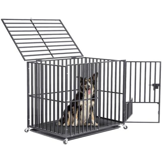 FATIVO Cage pour Grands Chiens L : Cage de transport renforcée avec 3 portes et 4 roulettes, cage métallique pour chien, 95 × 57 × 81 cm