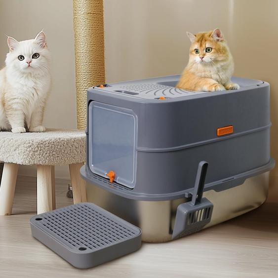 FATIVO Litière pour chat extra large en acier inoxydable avec couvercle et pelle – Litière couverte spacieuse, 58 × 42 × 42 cm