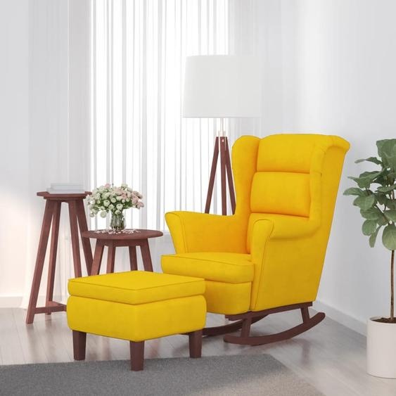 Fauteuil à bascule à oreilles en velours jaune bois massif