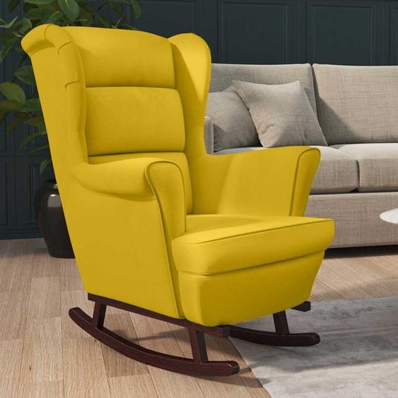 Fauteuil à bascule à oreilles en velours jaune bois massif