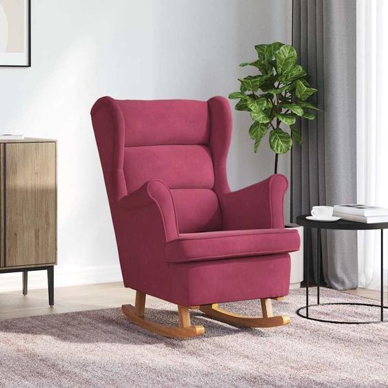 Fauteuil à bascule à oreilles en velours rouge vin bois massif