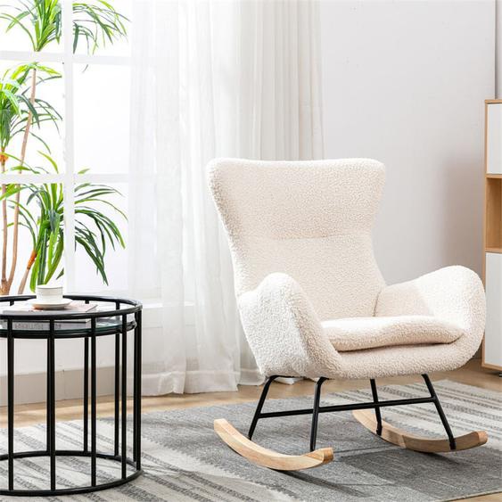 Fauteuil à Bascule Allaitement Scandinave, Rocking chair avec Assie, Pieds en Bois, en Velours Teddy, 33.1x26.8x36.22in, Beige