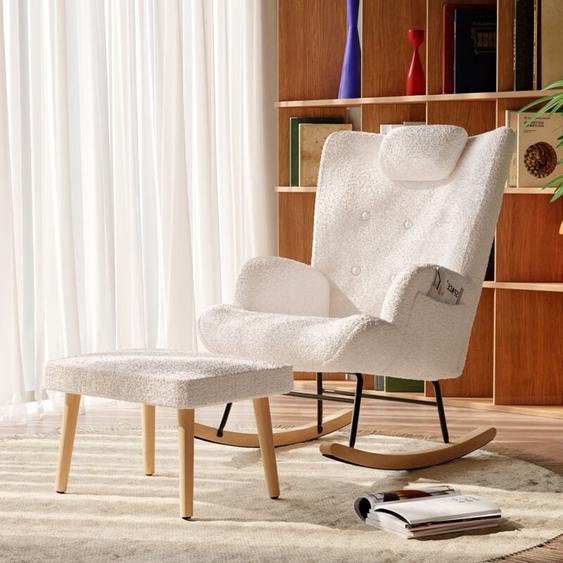 Fauteuil à bascule, avec tabouret, poches latérales, dossier, appui-tête, cadre en métal, accoudoirs, Rocking chair de capitonné en sherpa - Blanc