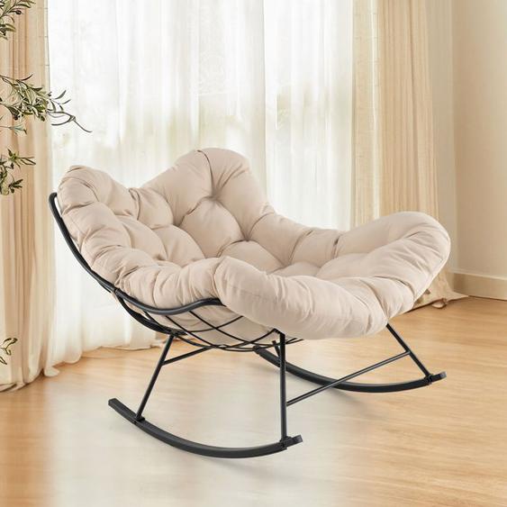 Fauteuil à Bascule dIntérieur/Extérieur - COSTWAY - Surdimensionnée avec Coussin Rembourré - Cadre en Métal - Patio Jardin Beige