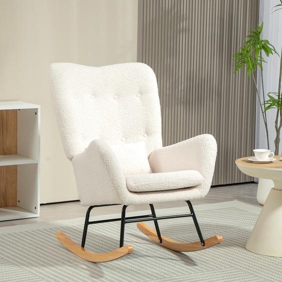 Fauteuil à bascule en tissu Teddy avec coussin lombaire, fauteuil à bascule rembourré et douillet, fauteuil de détente blanc crème | 92 x 69 x 100 cm | 90°–115° | Pieds en bois de caoutchouc