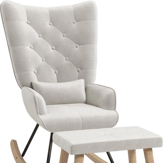 Fauteuil à bascule Fortuna Lai avec repose-pieds, fauteuil relax avec coussins, aspect velours, fauteuil à oreilles avec pieds en bois pour chambre à coucher, salon, 66 x 96 x 101 cm, blanc crème
