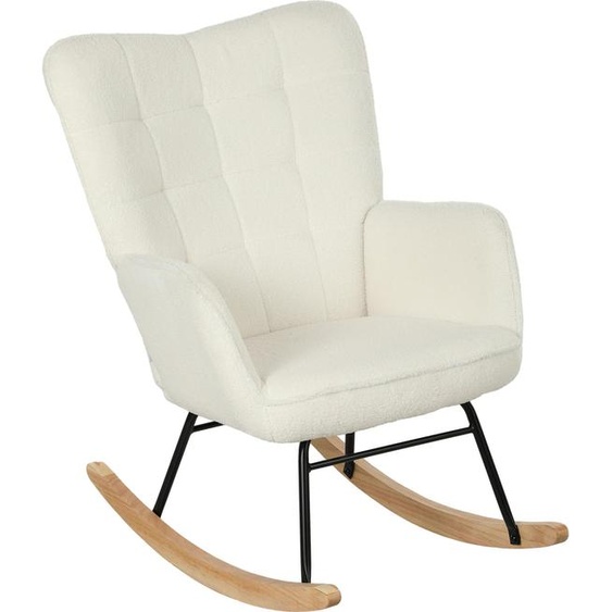 Fauteuil à bascule Fortuna Lai, fauteuil à bascule aspect berbère, accoudoirs, fauteuil rembourré avec piètement en bois, fauteuil relax pour salon, chambre à coucher, charge maximale 120 kg, blanc