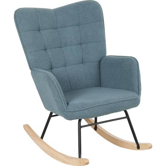Fauteuil à bascule Fortuna Lai, fauteuil à bascule aspect berbère, accoudoirs, fauteuil rembourré avec piètement en bois, fauteuil relax pour salon, chambre à coucher, charge maximale 120 kg, bleu clair