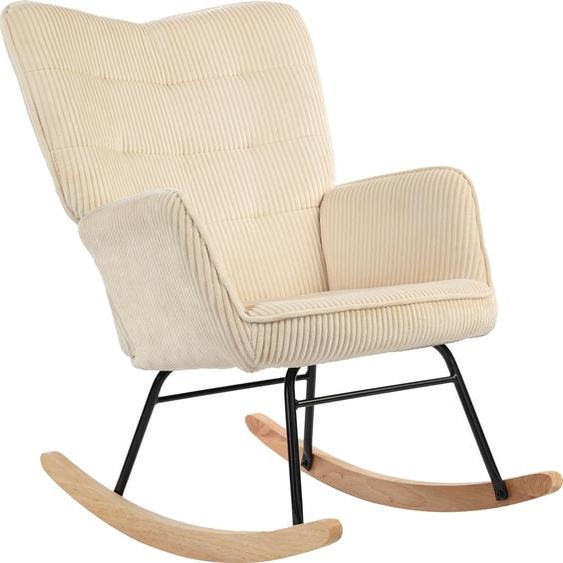 Fauteuil à bascule Fortuna Lai, fauteuil à bascule aspect corde, accoudoirs, fauteuil avec patins en bois, fauteuil relax pour salon, chambre à coucher, beige |
