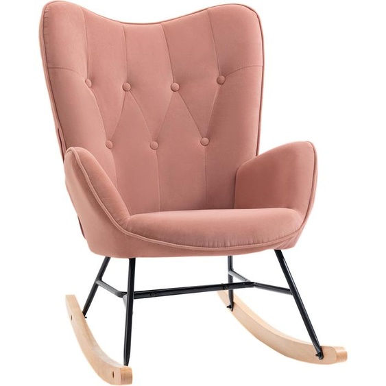 Fauteuil à bascule Fortuna Lai pour chambre à coucher ou salon, dossier haut, structure en acier, polyester velours, bois de caoutchouc, 84 x 70 x 96 cm, rose
