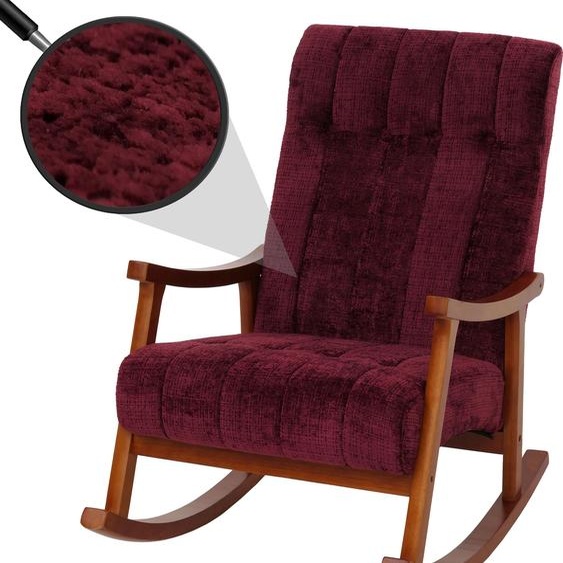 Fauteuil à bascule HWC-K10, relax, bois tissu/textile chenille (465g/m²) ~ bordeaux, piètement imitation noyer