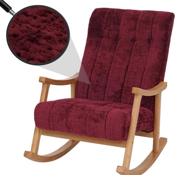 Fauteuil à bascule HWC-K10, relax, bois tissu/textile chenille (465g/m²) ~ bordeaux, piètement naturel