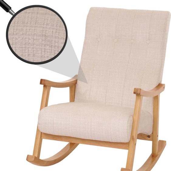 Fauteuil à bascule HWC-K10, relax, bois tissu/textile chenille (465g/m²) ~ crème, piètement naturel