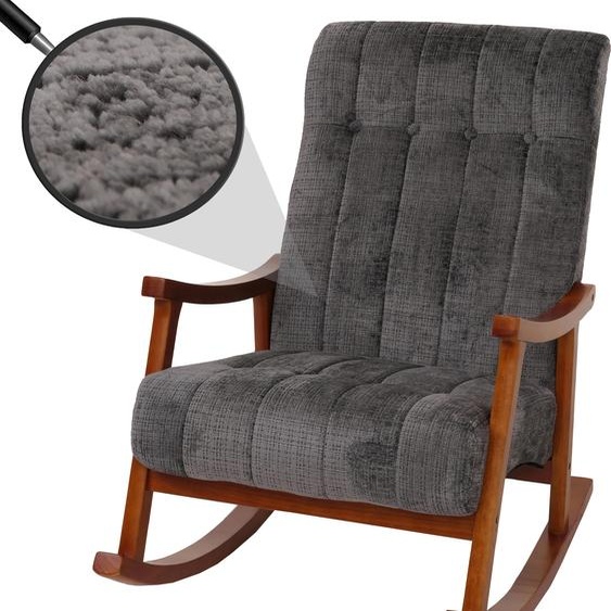 Fauteuil à bascule HWC-K10, relax, bois tissu/textile chenille (465g/m²) ~ gris foncé, piétement imitation noyer