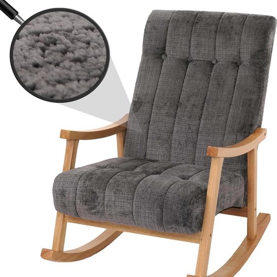 Fauteuil à bascule HWC-K10, relax, bois tissu/textile chenille (465g/m²) ~ gris foncé, piètement naturel