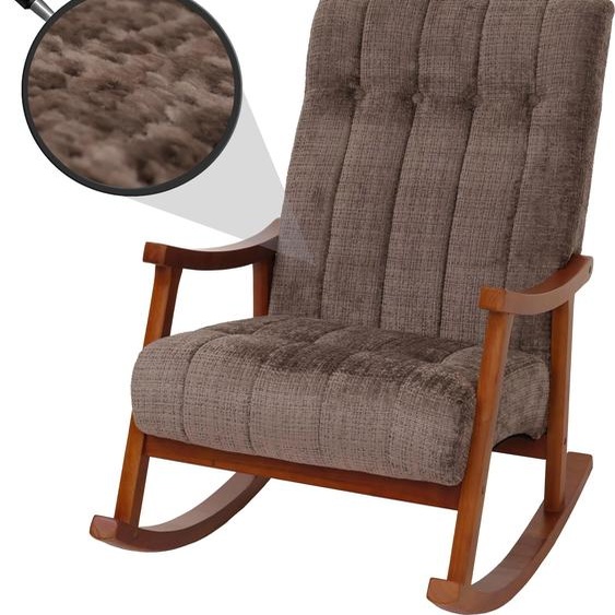 Fauteuil à bascule HWC-K10, relax, bois tissu/textile chenille (465g/m²) ~ marron, piètement imitation noyer