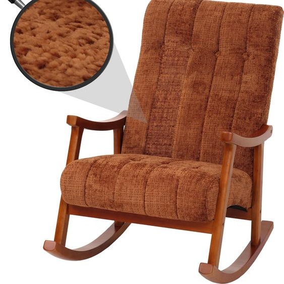 Fauteuil à bascule HWC-K10, relax, bois tissu/textile chenille (465g/m²) ~ terracotta, piétement imitation noyer