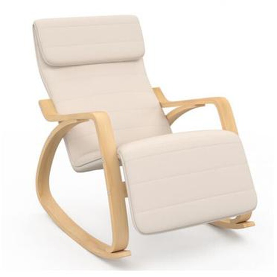 Fauteuil à bascule nils, rocking chair avec repose pied en bois façon hêtre et coussin tissu beige
