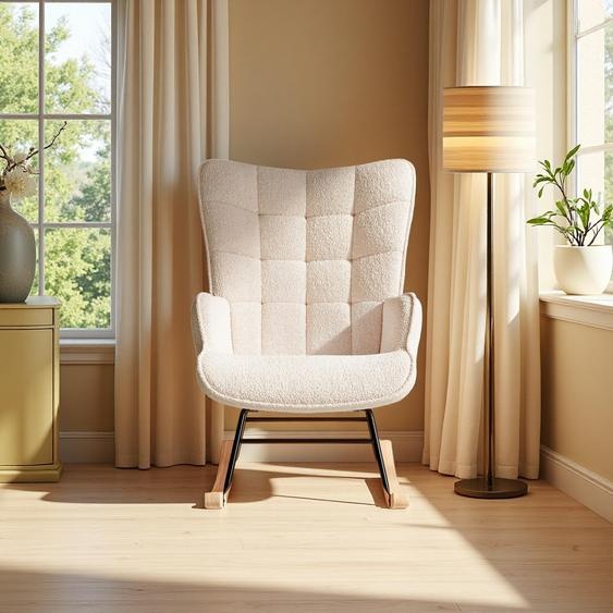 Fauteuil à bascule relax en tissu polaire, fauteuil à bascule avec dossier haut, structure en bois massif et métal, capacité jusquà 120 kg, couleur beige