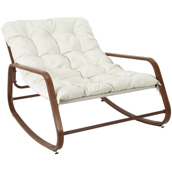 Fauteuil à bascule Tulum avec accoudoirs imitation bois et coussin - Blanc