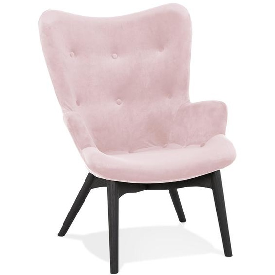 Fauteuil à oreilles RUBEN en velours rose et pieds en bois noir