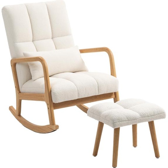 Fauteuil  bascule avec repose-pieds, rocking chair en tissu bouclette, pieds en bois, 64,5 x 82 x 89 cm, blanc