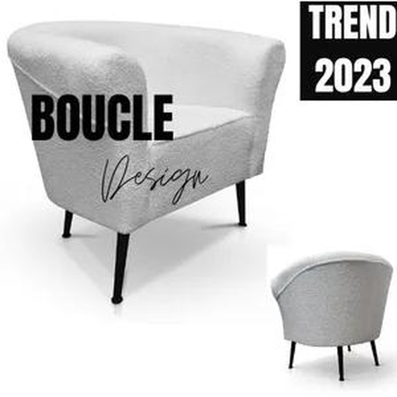 Fauteuil BOUCLE blanc, tissu texturé Fauteuil relaxant avec pieds hauts noirs