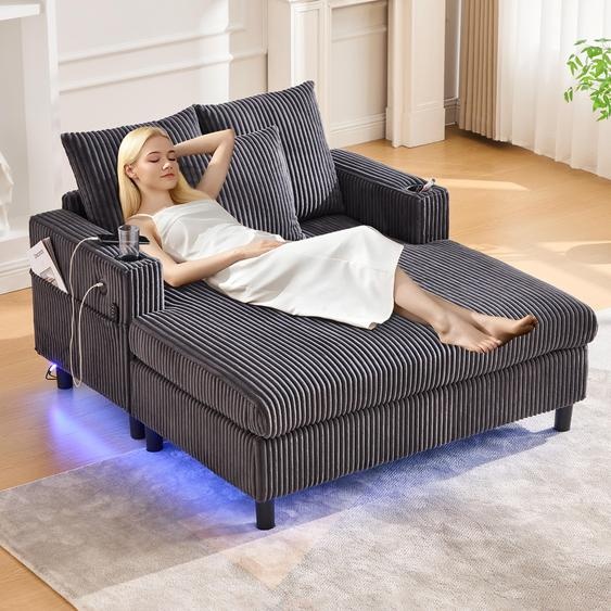 Fauteuil chaiselongue spacieux et moelleux avec porte-boissons latéraux, prises USB, éclairage dambiance LED intégré - parfait pour le salon, la chambre à coucher ou le jardin dhiver