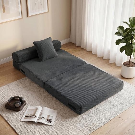 Fauteuil convertible 2-en-1, modèle sol, revêtement imitation corduroy, mousse, couleur gris foncé | 100x76x62 cm | sans cadre apparent | avec coussin lombaire