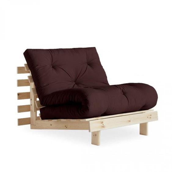 Fauteuil convertible futon ROOTS pin naturel coloris marron couchage 90 x 200 cm.