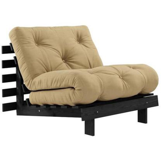 Fauteuil convertible futon ROOTS pin laqué noir matelas 90 x 200 cm coloris beige blé