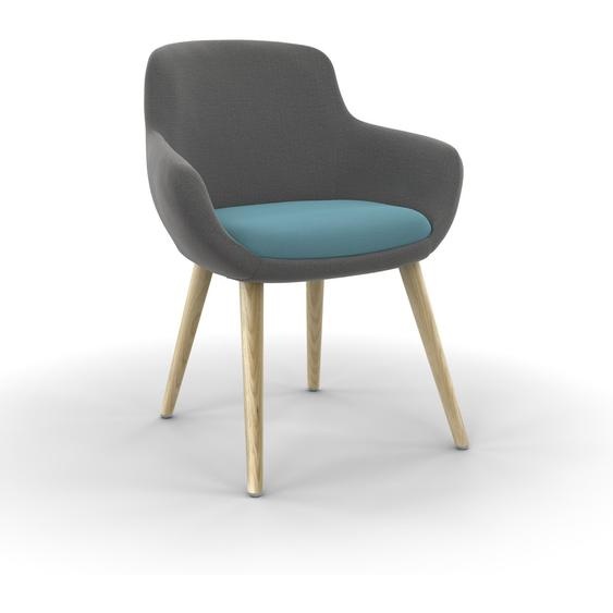 Fauteuil daccueil Marit Tissu gris, coussin bleu - 4 pieds bois naturel