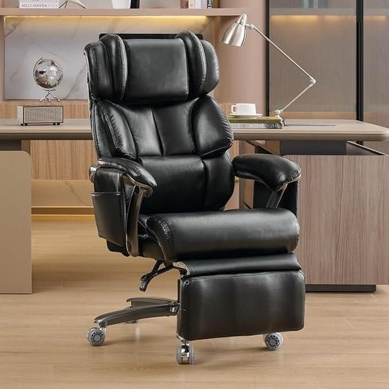 Fauteuil de bureau réglable, siège de chef, revêtement en cuirPolyuréthaneavec fonction de massage et de chauffage, inclinable de 90° à 150°, pivotant à 360°, repose-pieds, poches latérales, capacité jusquà 110 kg, idéal pour le télétravail, couleur noire