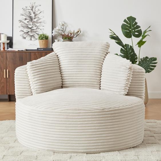 Fauteuil de détente rond en velours côtelé, pliable, avec dossier rembourré, pour le salon, beige