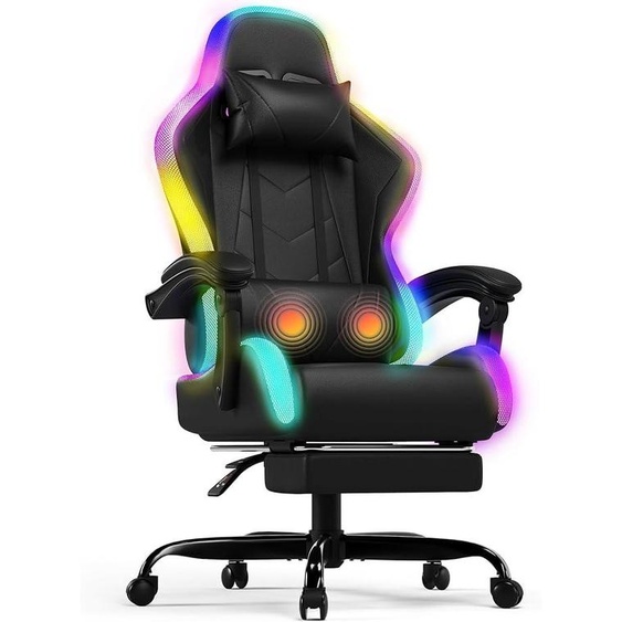 Fauteuil de gaming – Fauteuil de bureau ergonomique avec fonction de massage et repose-pieds télescopique, dossier réglable (90-135°), pour les joueurs jusquà 150 kg, design respectueux des yeux, couleur noire