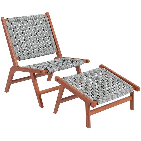 Fauteuil de jardin avec repose-pieds - chaise relax en bois dacacia et corde rsine tresse - naturel, gris