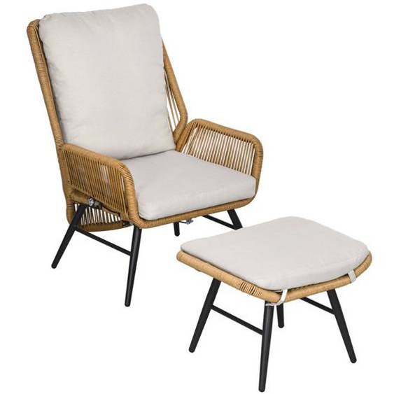 Fauteuil de jardin Outsunny avec 1 repose-pieds jardin en rotin PE dossier inclinable et coussin design bohème