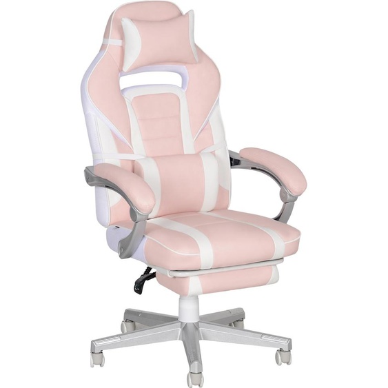 Fauteuil de jeu avec repose-pieds, réglable en hauteur, coussin pour la tête et le bas du dos, dossier inclinable, revêtement en similicuir, capacité maximale de 120 kg - Rose