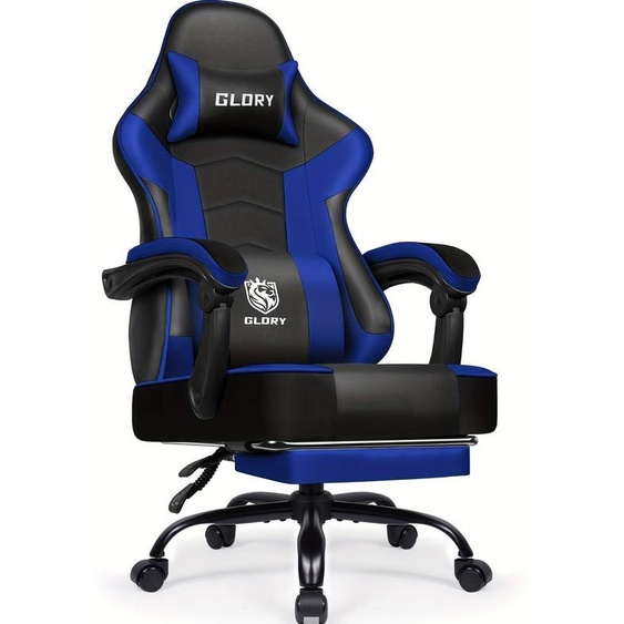 Fauteuil de jeu Gronfont avec repose-pieds, fauteuil de jeu ergonomique, fauteuil de jeu avec coussin lombaire réglable, repose-tête, réglable en hauteur et pivotant, pour PC