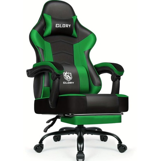 Fauteuil de jeu Gronfont avec repose-pieds, fauteuil de jeu ergonomique, fauteuil de jeu avec coussin lombaire réglable, repose-tête, réglable en hauteur et pivotant, pour PC