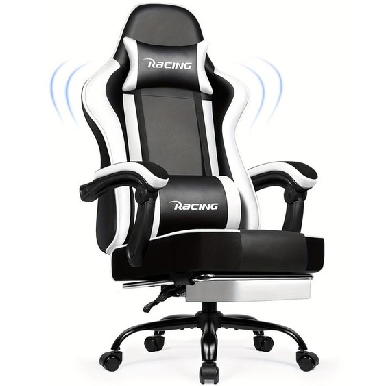 Fauteuil de jeu Gronfont avec repose-pieds, fauteuil de jeu ergonomique, fauteuil de jeu avec coussin lombaire réglable, repose-tête, réglable en hauteur et pivotant, pour PC