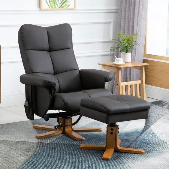 Fauteuil de massage avec repose-pieds et 10 points de vibration, fauteuil de détente pivotant à 360°, fauteuil TV en similicuir, marron | Inclinable à 145° | 80 x 86 x 99 cm