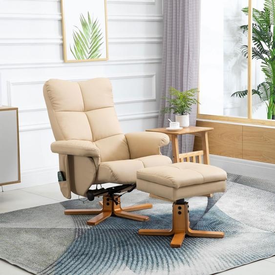 Fauteuil de massage avec repose-pieds et massage par vibrations en 10 points, fauteuil de détente pivotant à 360°, fauteuil TV en similicuir, blanc crème | Inclinable à 145° | 80 x 86 x 99 cm