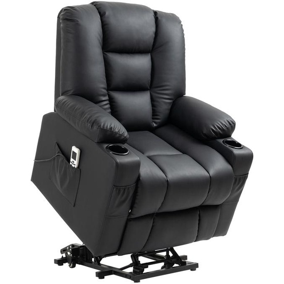 Fauteuil de massage Moonbite avec assistance pour se lever et roulettes, jusquà 150°, repose-pieds divisible, télécommande USB, revêtement en similicuir, structure en acier et bois, couleur noire