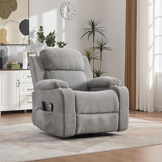 Fauteuil de relaxation électrique avec fonction massage – Fauteuil téléviseur pivotant à 360°, avec fonction chaleur et vibration, dossier et repose-pieds réglables, porte-gobelet, couleur gris, revêtement en chenille